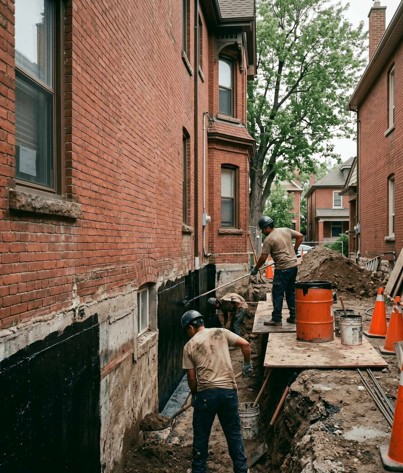 Toronto waterproofing crew on a red-brick semi exterior dig